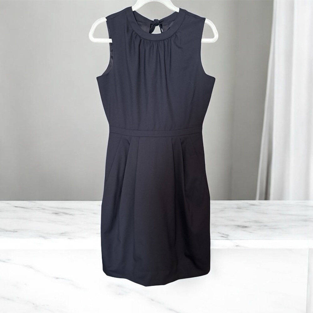 J Crew Navy Fun Dress Size 4 Hidden Zipper Tie Back Neck knee length